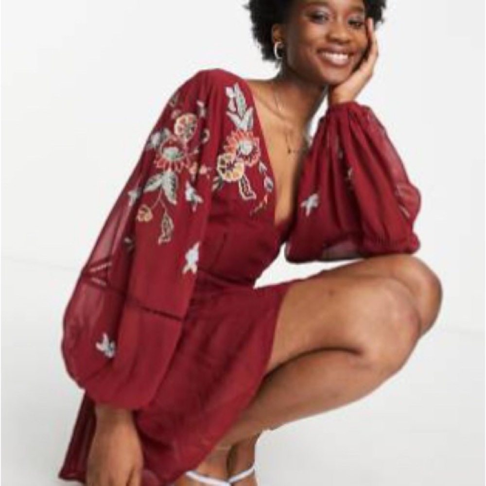 Embroidered Burgundy Romper with Floral Details